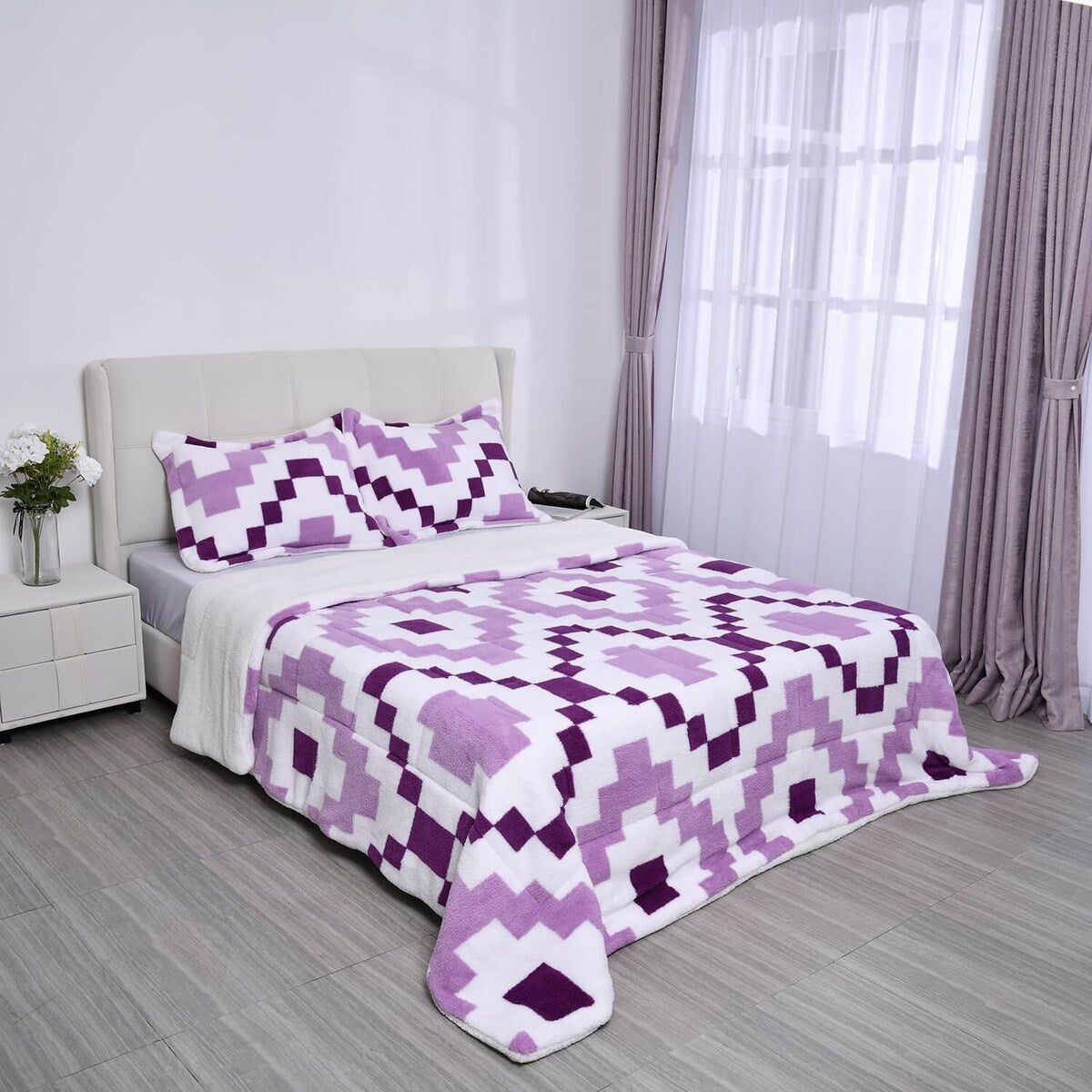 HOMESMART Set of 3 Checkered Printed Sherpa One Comforter and Two
