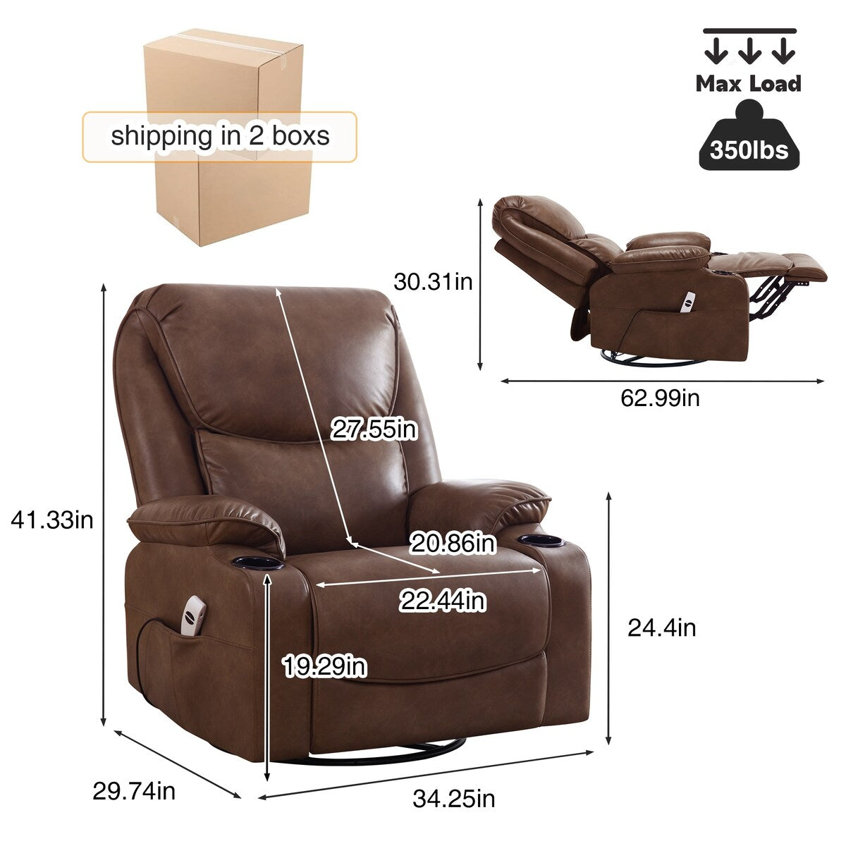 HOMYKA 34.2'' Wide Faux Leather Swivel Rocking Power Recliner Chair With USB Port Set of 2