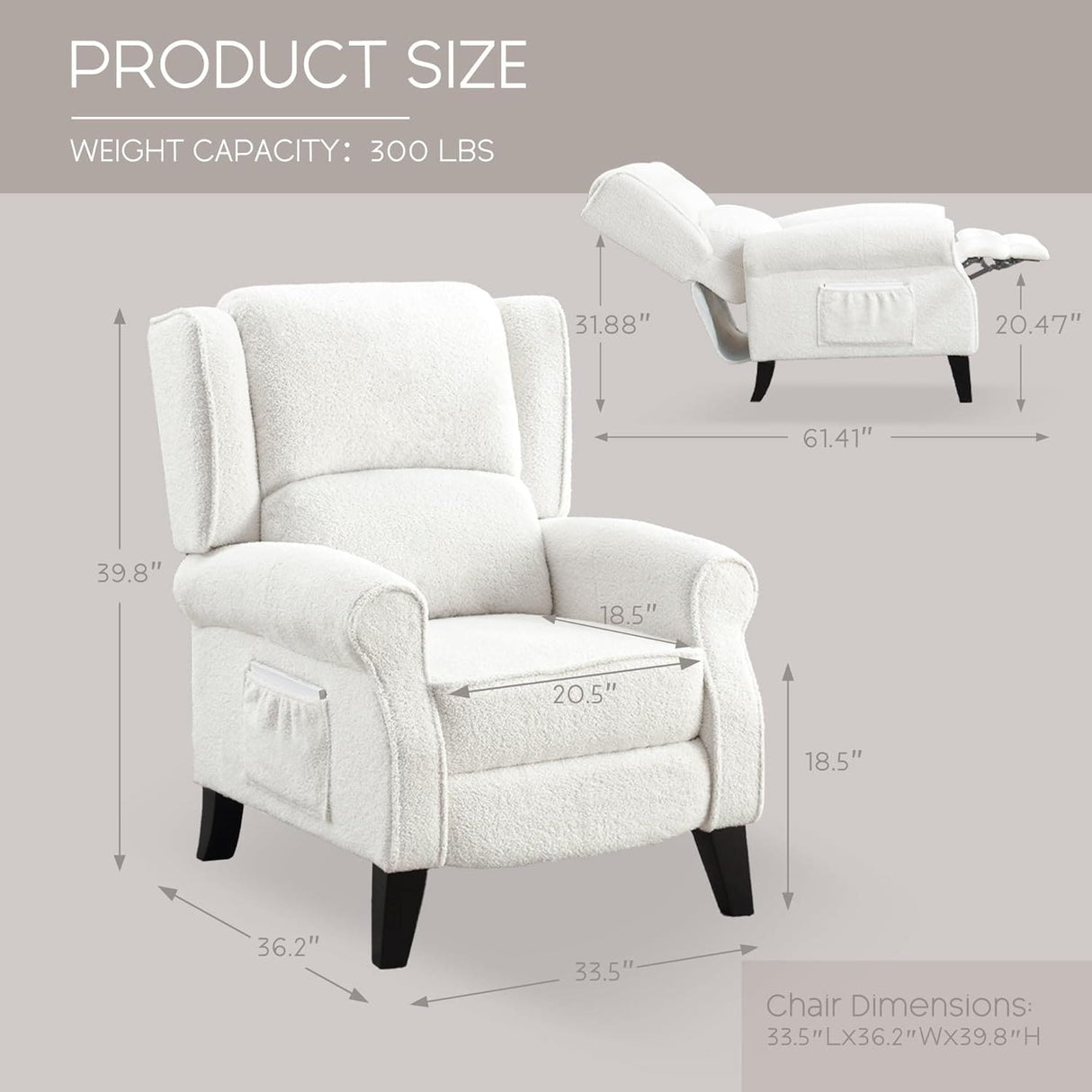 HOMYKA Polyested Upholstered Pushback Recliner Accent Chair Wingback Armchair