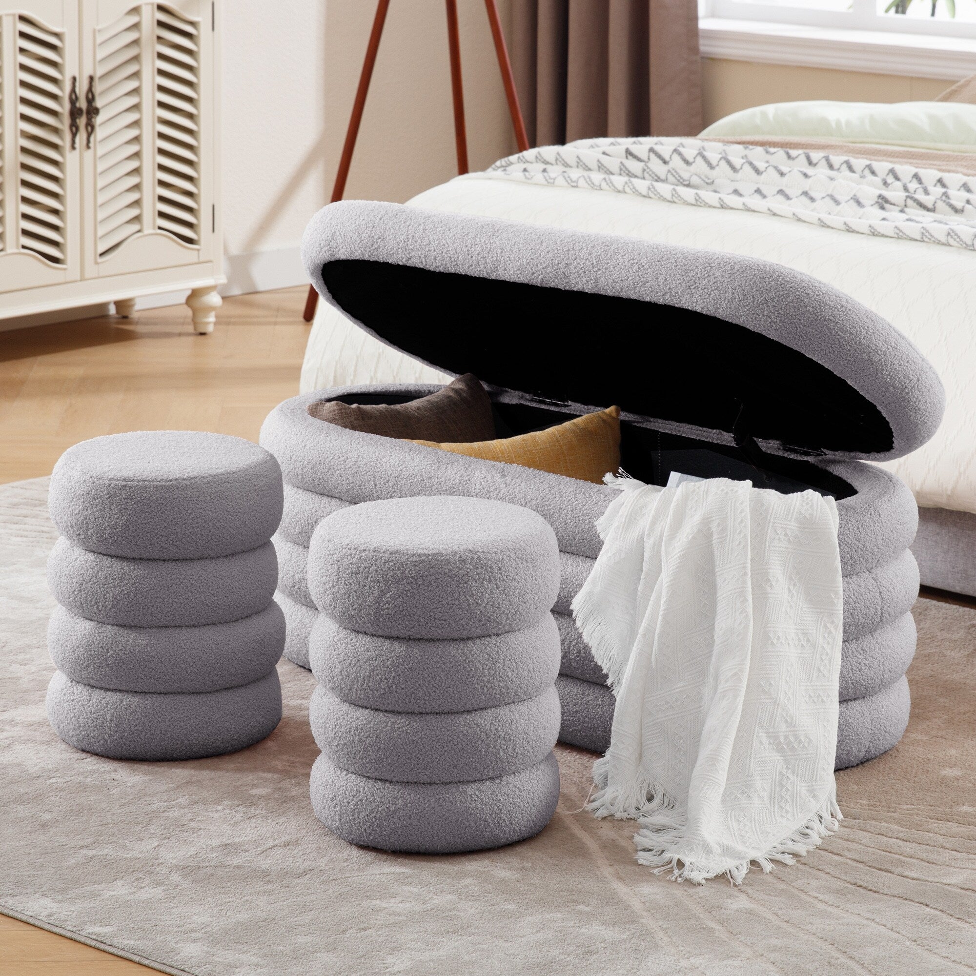 HOMYKA Oval Storage Ottoman Bench with 2 Small Stool for End HOMYKA Oval Storage Ottoman Bench with 2 Small Stool for End