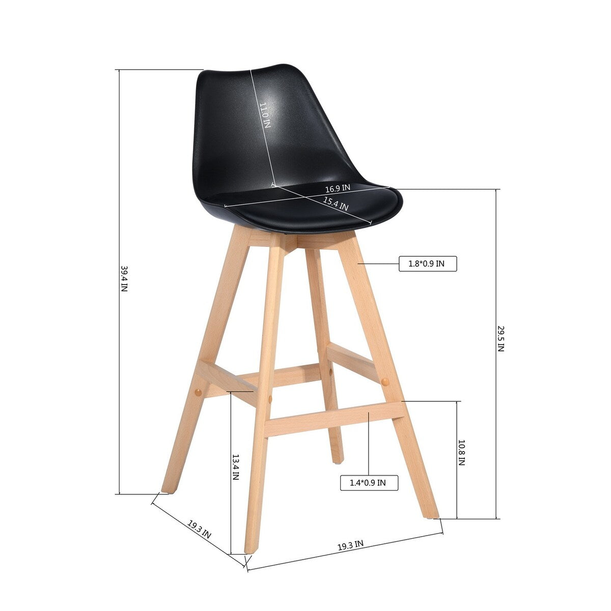 HOMYLIN Scandinavian Style Plastic High Back And Solid Oak Bar Stool(Set of 2)