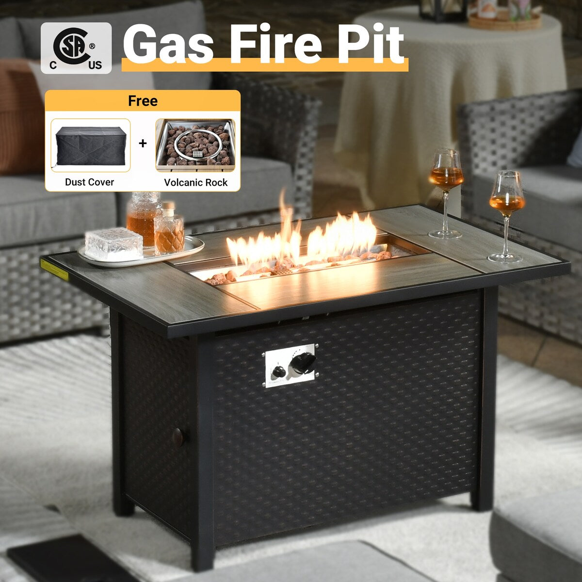 HOOOWOOO 10-piece Rattan Wicker Sectional Sofa Patio Furniture Set with Fire Pit Table
