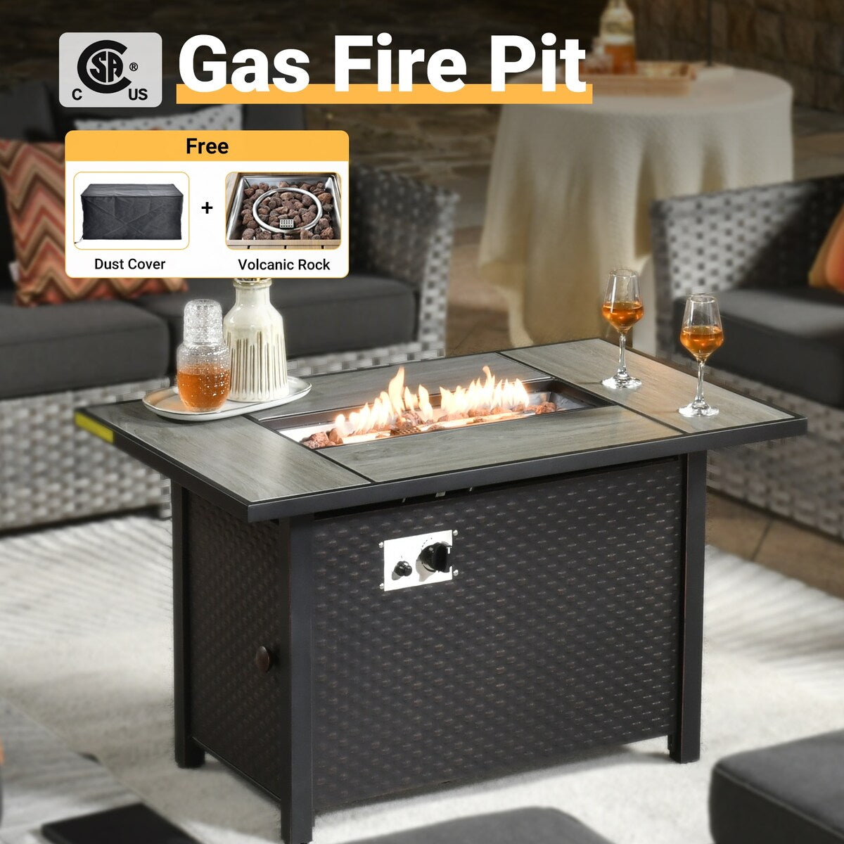 HOOOWOOO 10-piece Rattan Wicker Sectional Sofa Patio Furniture Set with Fire Pit Table