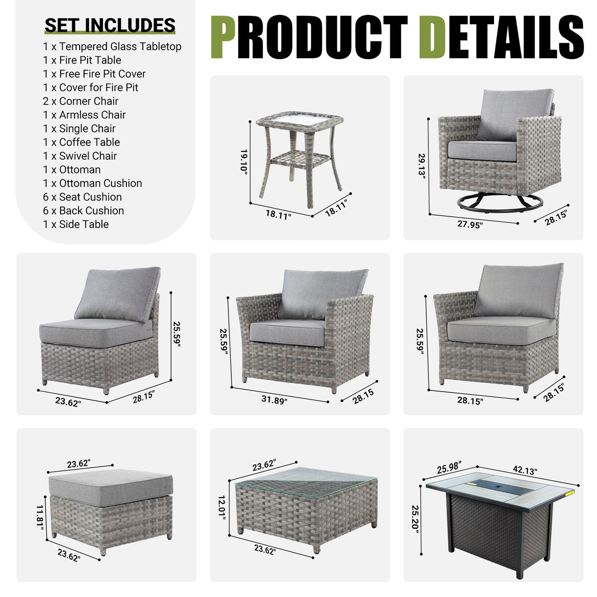 HOOOWOOO 10-piece Rattan Wicker Sectional Sofa Patio Furniture Set with Fire Pit Table
