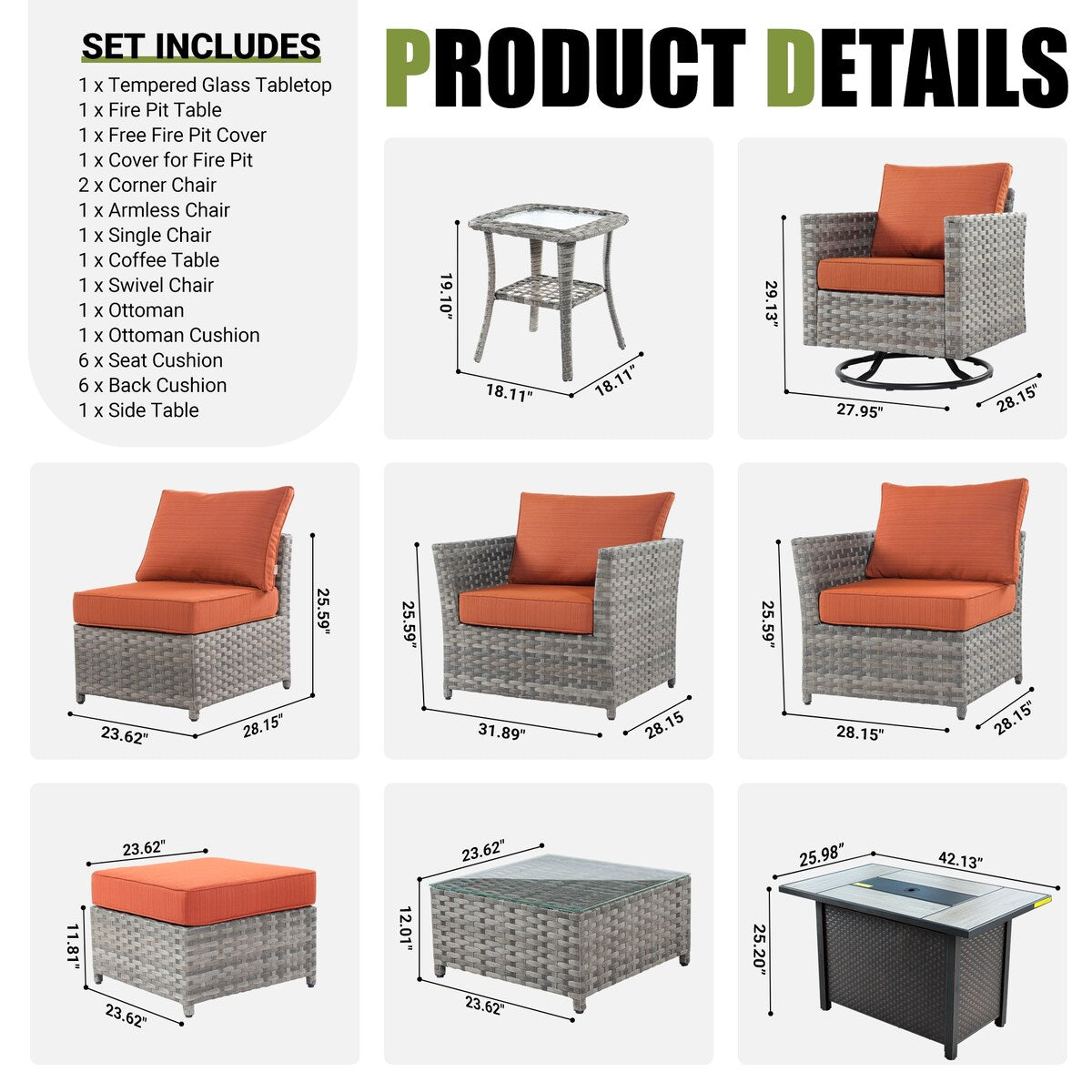 HOOOWOOO 10-piece Rattan Wicker Sectional Sofa Patio Furniture Set with Fire Pit Table