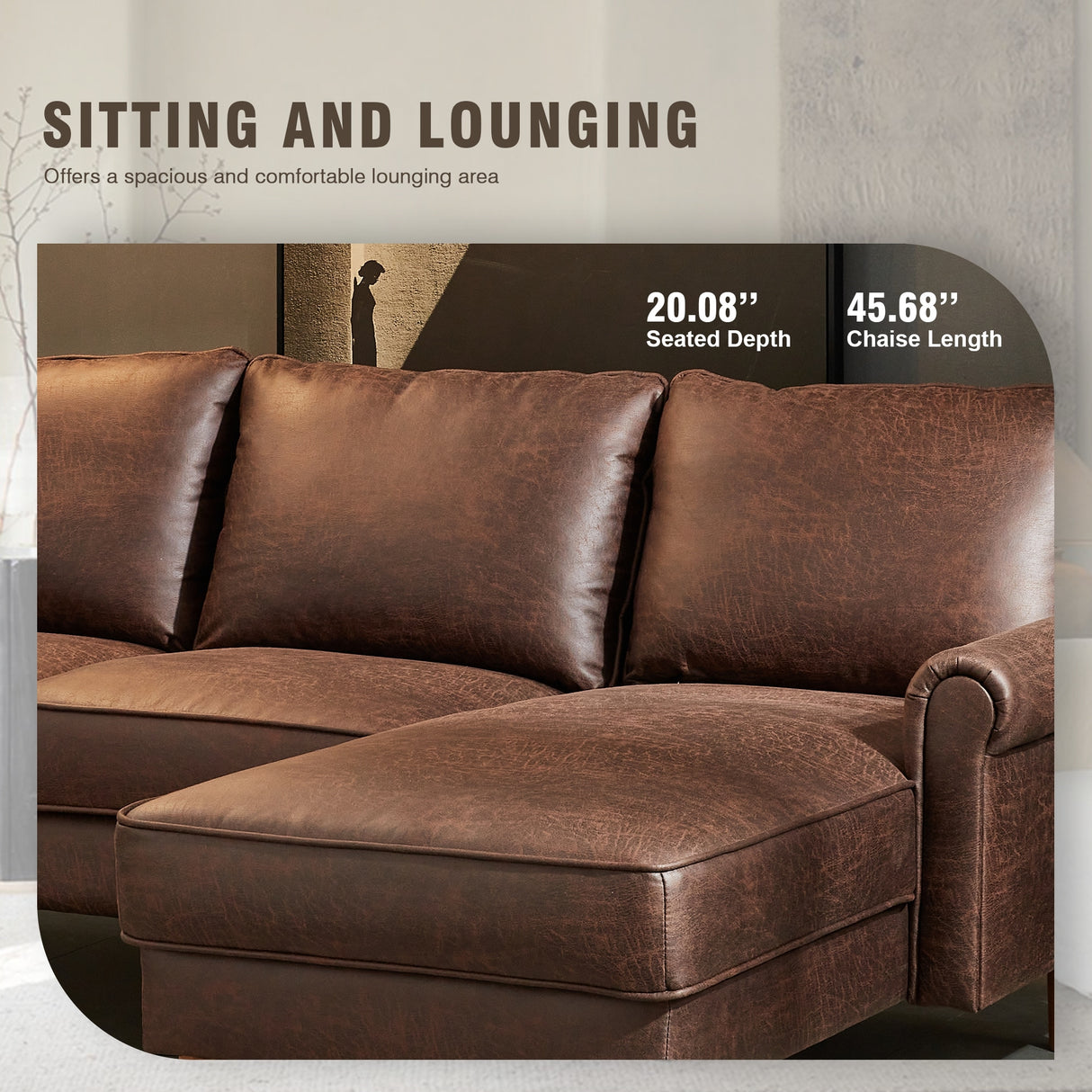 HOOOWOOO Living Room Furniture Mid-Century Suede Sofa with Chaise Lounge