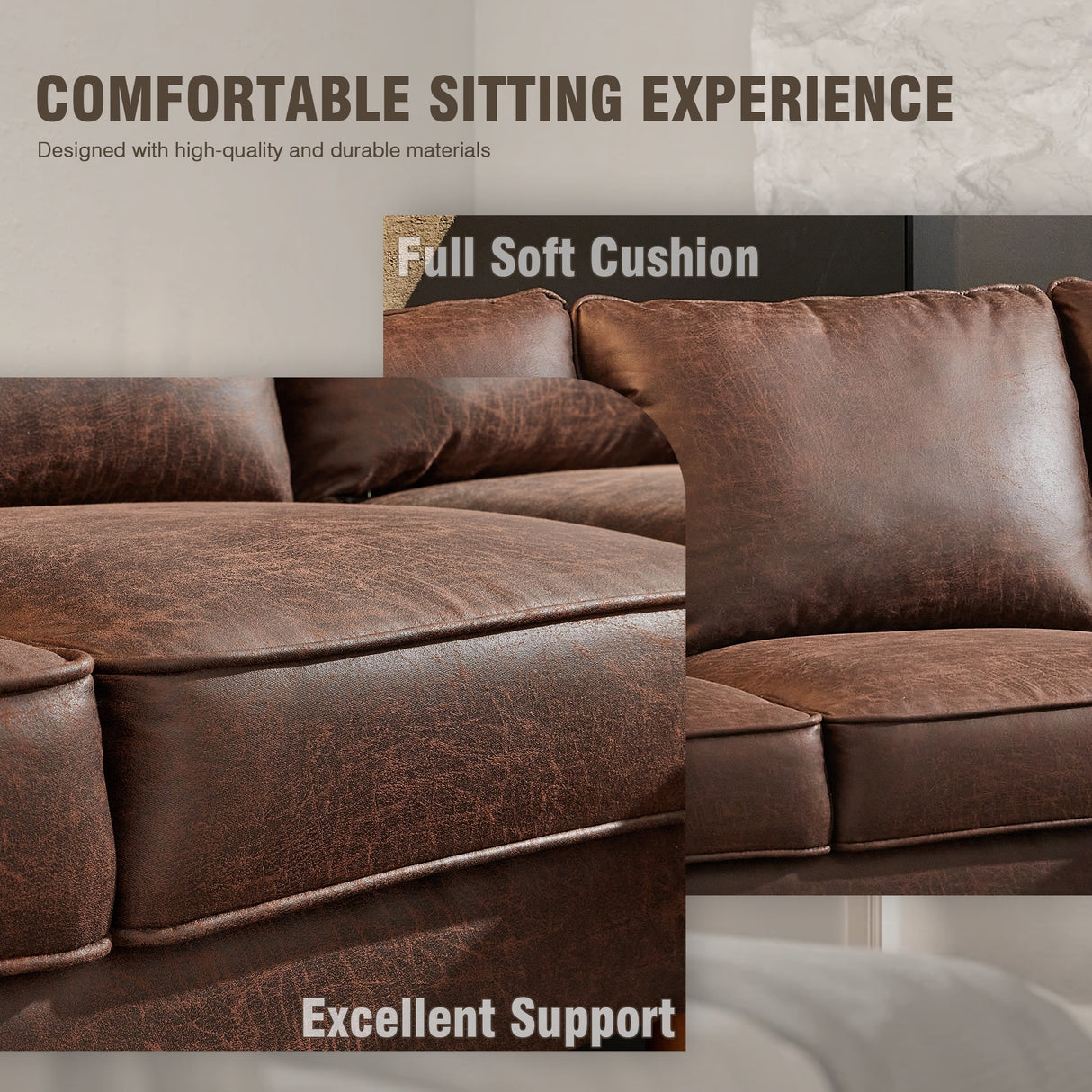 HOOOWOOO Living Room Furniture Mid-Century Suede Sofa with Chaise Lounge