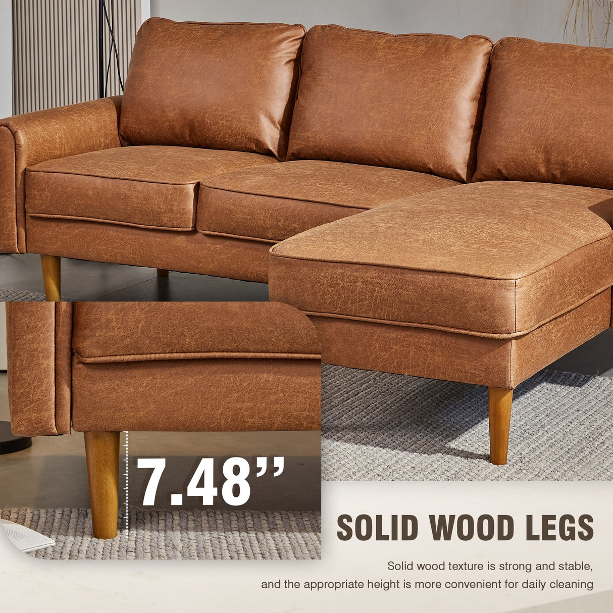 HOOOWOOO Living Room Furniture Mid-Century Suede Sofa with Chaise Lounge