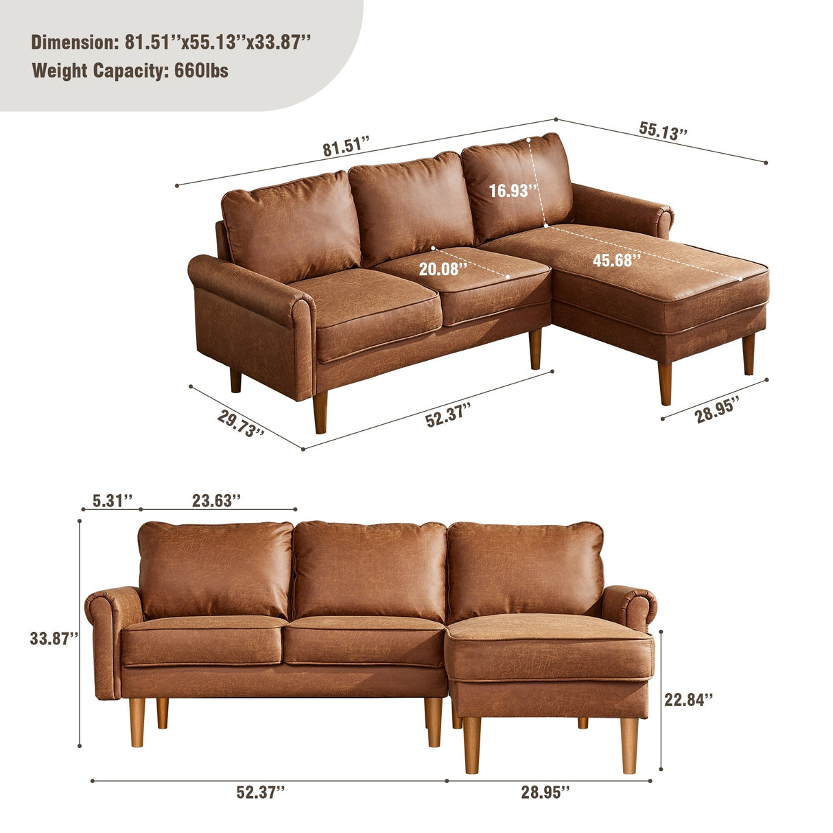 HOOOWOOO Living Room Furniture Mid-Century Suede Sofa with Chaise Lounge