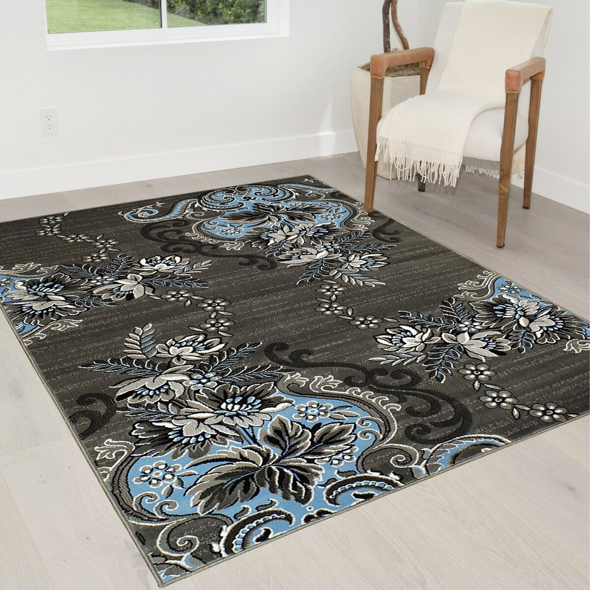 HR Floral/Swirls Design Pattern Modern Area Rug Blue/Grey/Silver/Black-Abstract/Contemporary