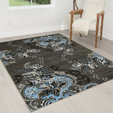 HR Floral/Swirls Design Pattern Modern Area Rug Blue/Grey/Silver/Black-Abstract/Contemporary