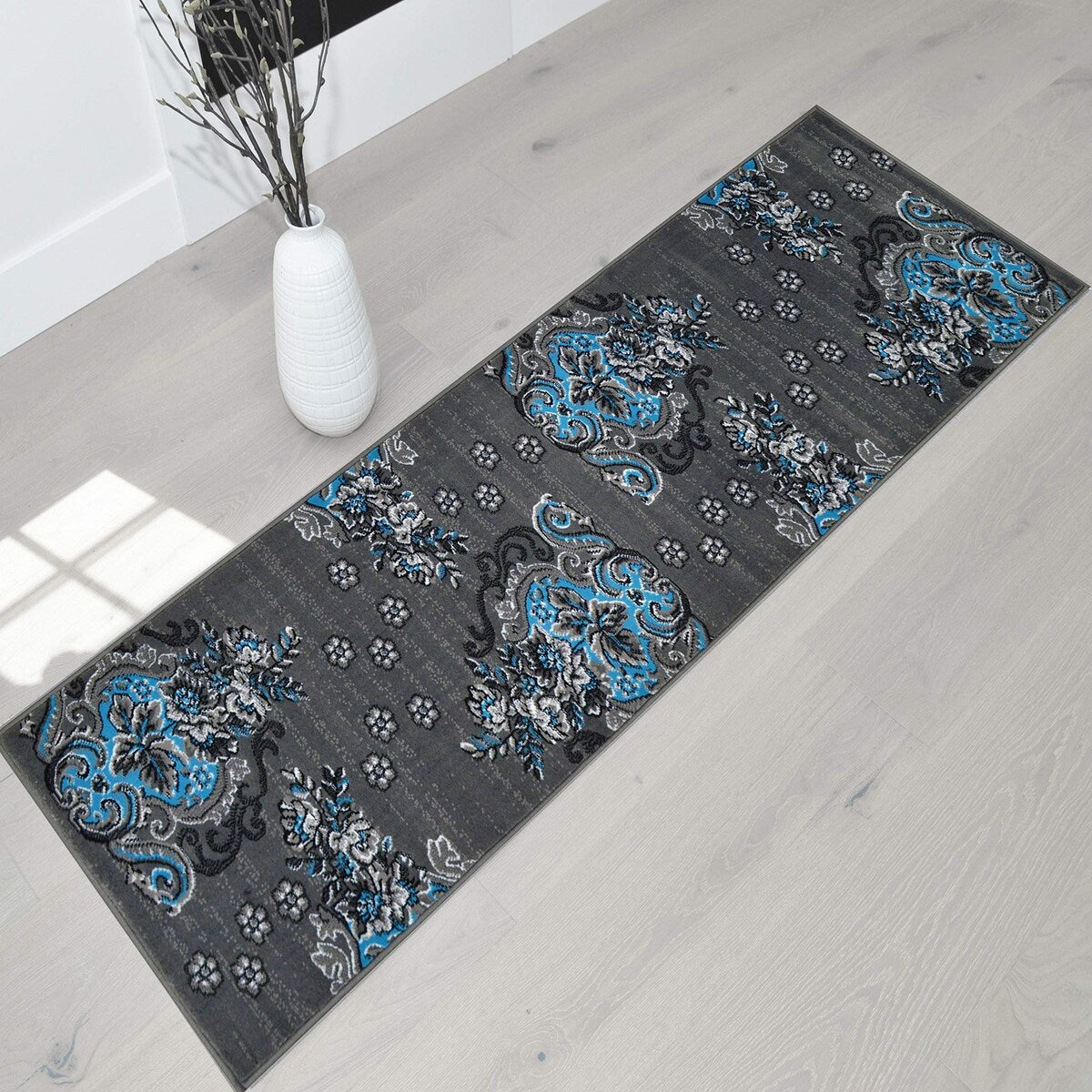 HR Floral/Swirls Design Pattern Modern Area Rug Blue/Grey/Silver/Black-Abstract/Contemporary