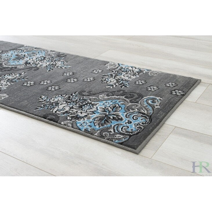 HR Floral/Swirls Design Pattern Modern Area Rug Blue/Grey/Silver/Black-Abstract/Contemporary