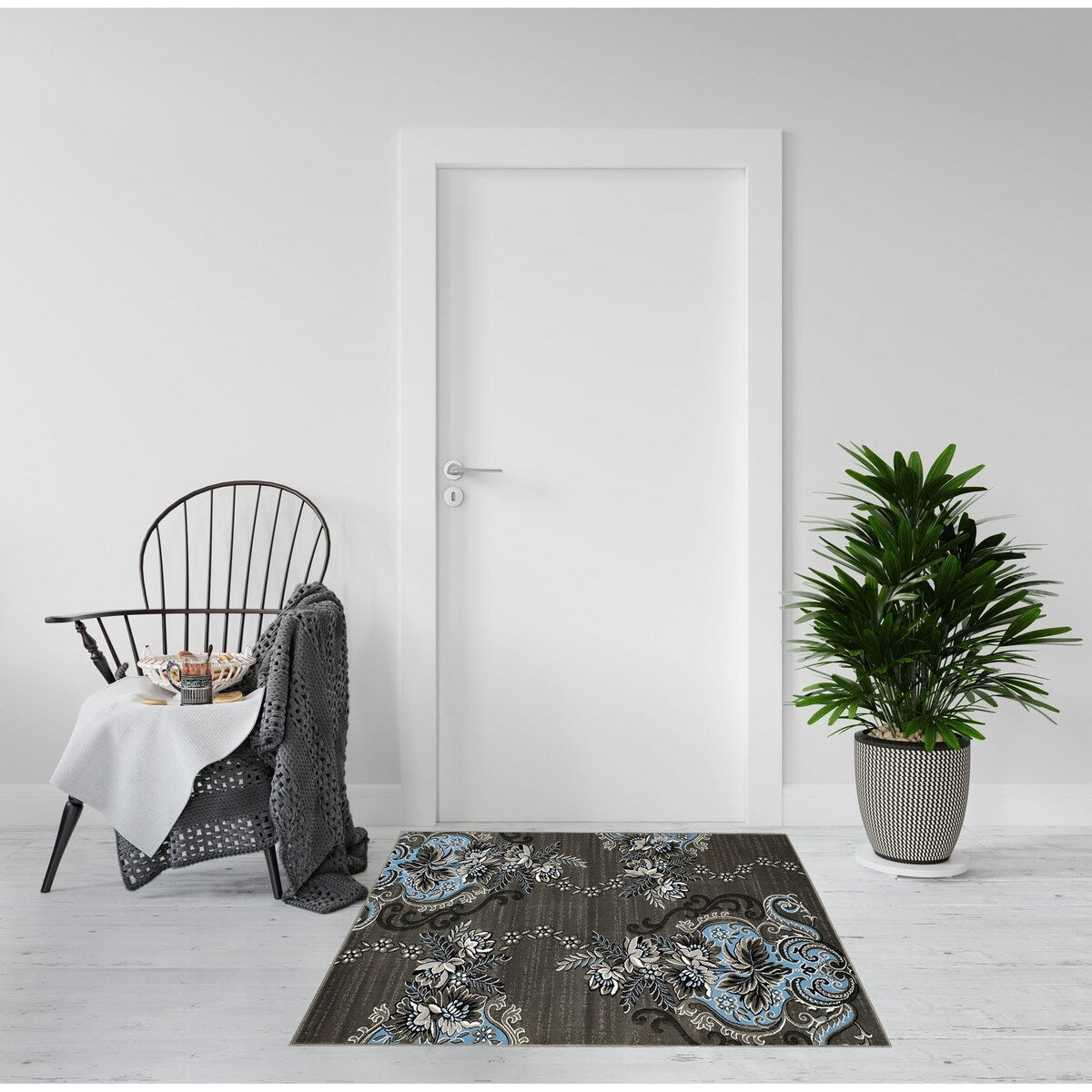 HR Floral/Swirls Design Pattern Modern Area Rug Blue/Grey/Silver/Black-Abstract/Contemporary