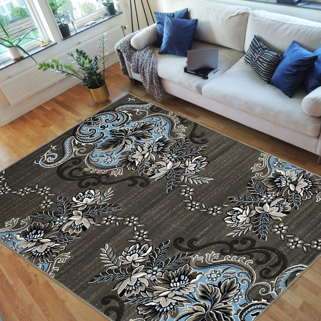 HR Floral/Swirls Design Pattern Modern Area Rug Blue/Grey/Silver/Black-Abstract/Contemporary