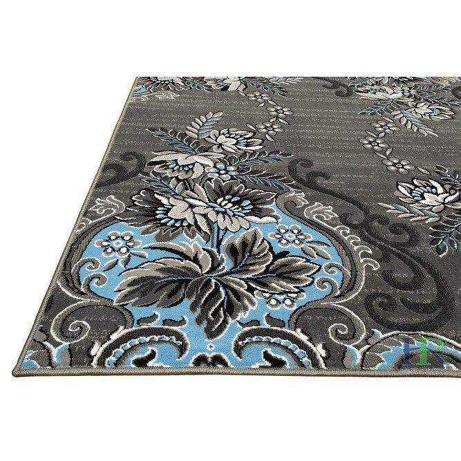 HR Floral/Swirls Design Pattern Modern Area Rug Blue/Grey/Silver/Black-Abstract/Contemporary