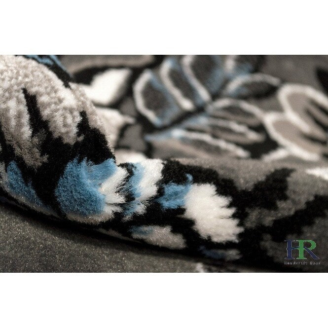 HR Floral/Swirls Design Pattern Modern Area Rug Blue/Grey/Silver/Black-Abstract/Contemporary