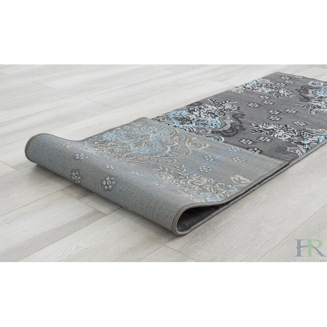 HR Floral/Swirls Design Pattern Modern Area Rug Blue/Grey/Silver/Black-Abstract/Contemporary