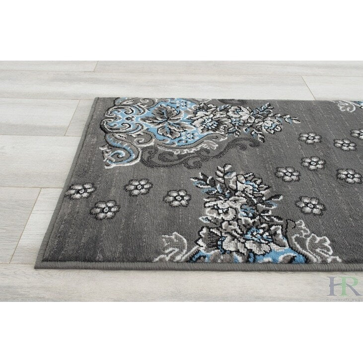 HR Floral/Swirls Design Pattern Modern Area Rug Blue/Grey/Silver/Black-Abstract/Contemporary