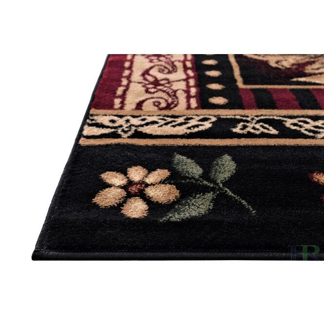 HR Lodge, Cabin Nature and Animals Area Rug Geometric Cabin Area Rug–Abstract, Black, Green, Red, Rooster Rug
