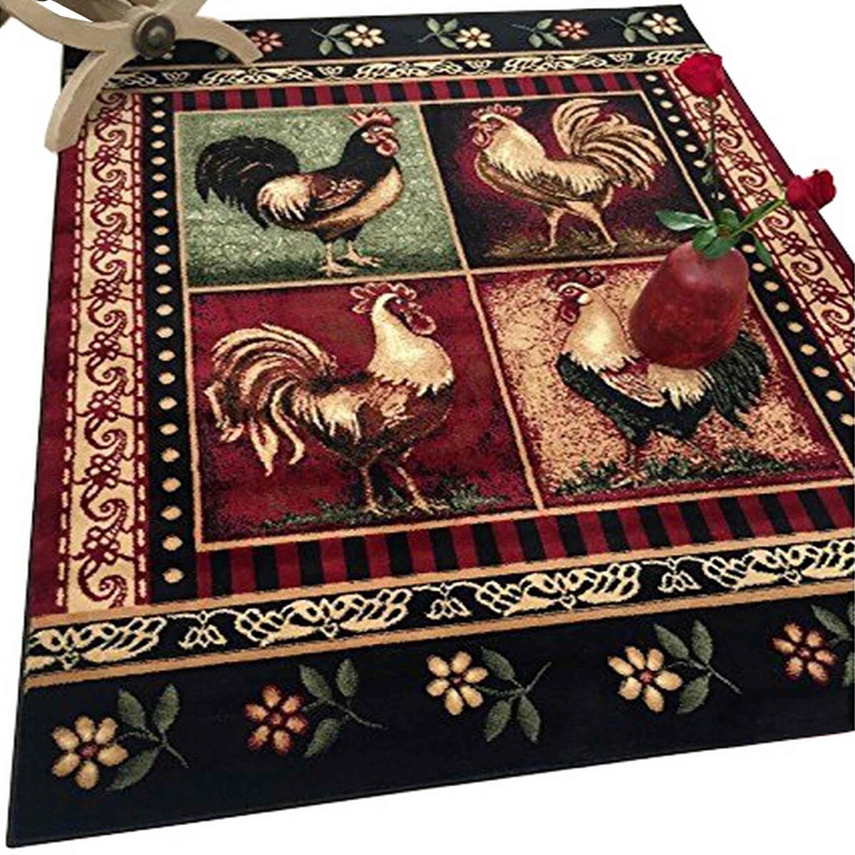 HR Lodge, Cabin Nature and Animals Area Rug Geometric Cabin Area Rug–Abstract, Black, Green, Red, Rooster Rug