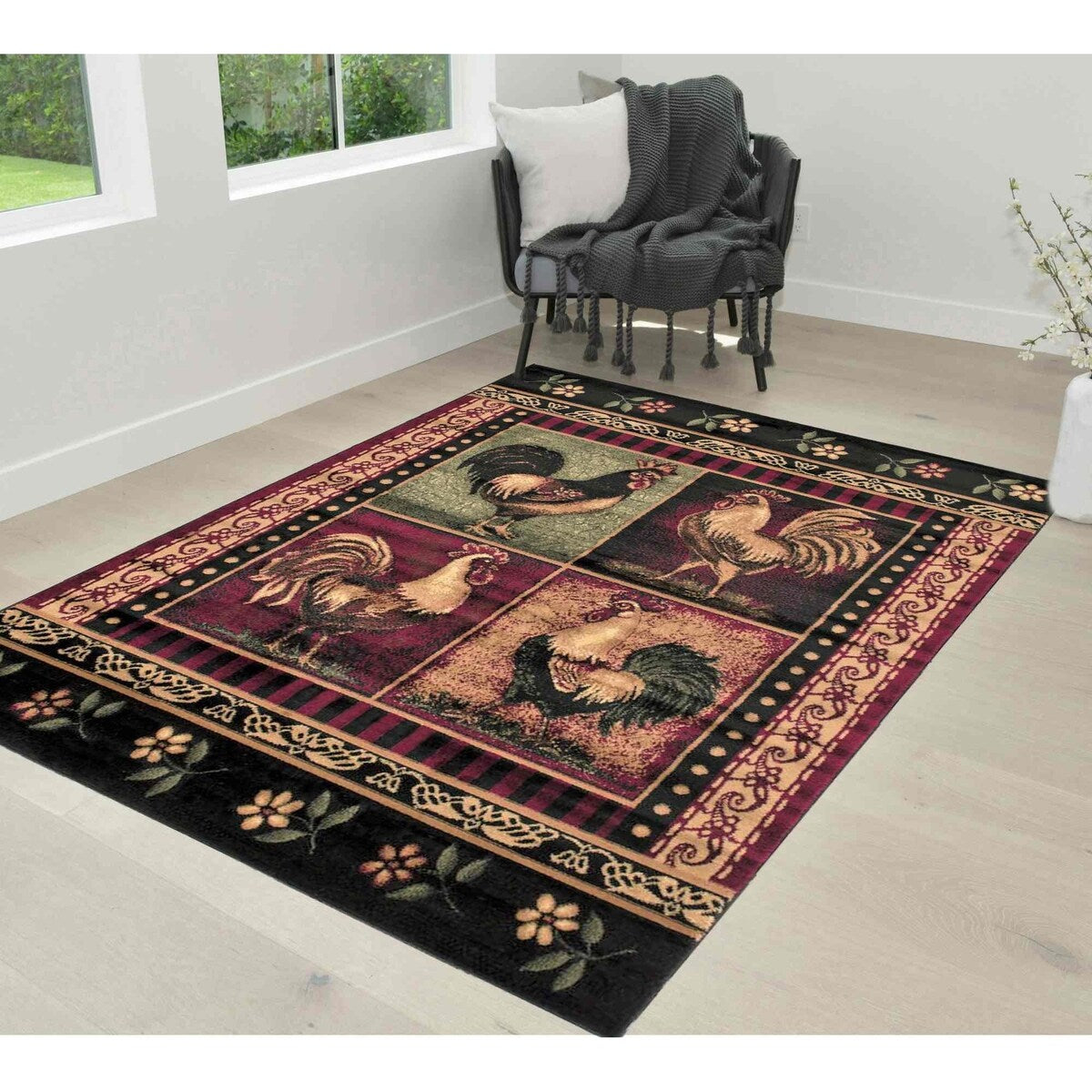 HR Lodge, Cabin Nature and Animals Area Rug Geometric Cabin Area Rug–Abstract, Black, Green, Red, Rooster Rug