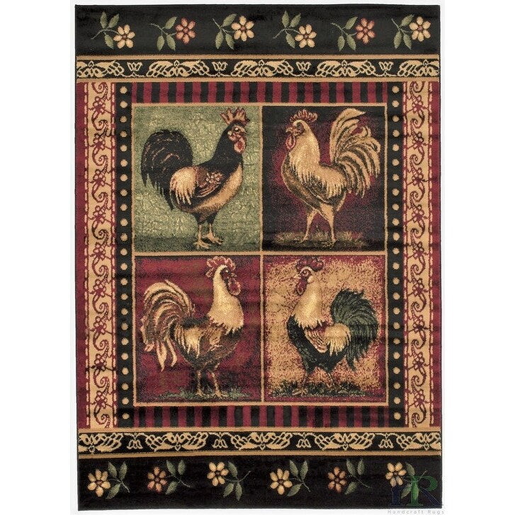 HR Lodge, Cabin Nature and Animals Area Rug Geometric Cabin Area Rug–Abstract, Black, Green, Red, Rooster Rug