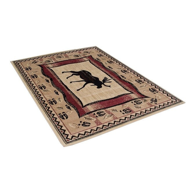 HR Rustic Lodge Cabin Area Rug with Geometric Design Nature and Wildlife Inspired in Beige, Ivory, Red Featuring Moose M
