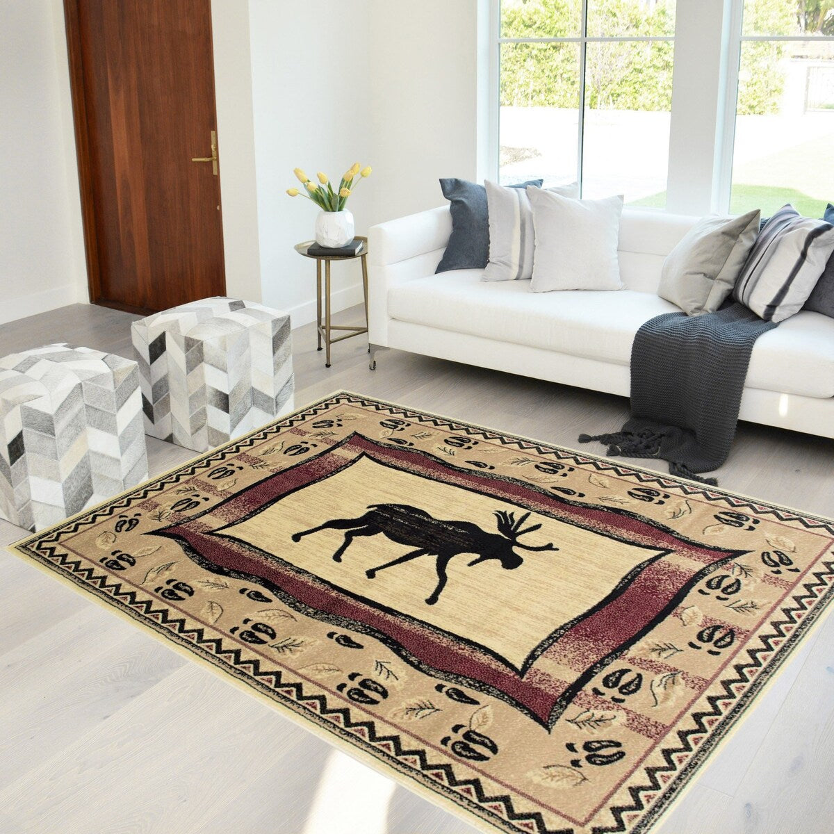 HR Rustic Lodge Cabin Area Rug with Geometric Design Nature and Wildlife Inspired in Beige, Ivory, Red Featuring Moose M