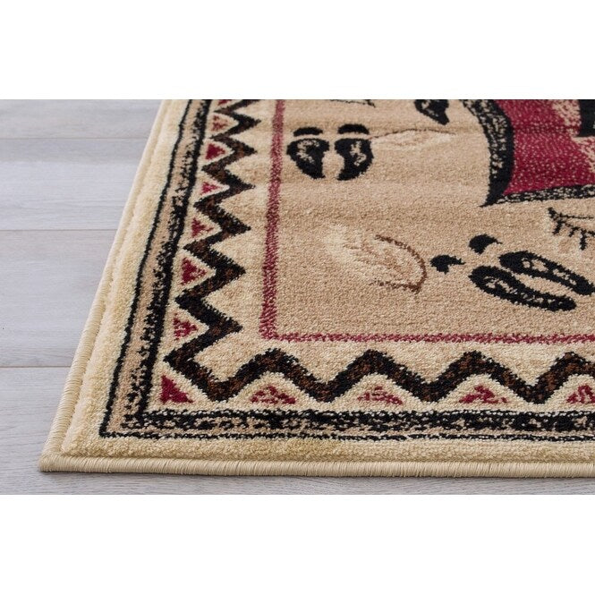 HR Rustic Lodge Cabin Area Rug with Geometric Design Nature and Wildlife Inspired in Beige, Ivory, Red Featuring Moose M