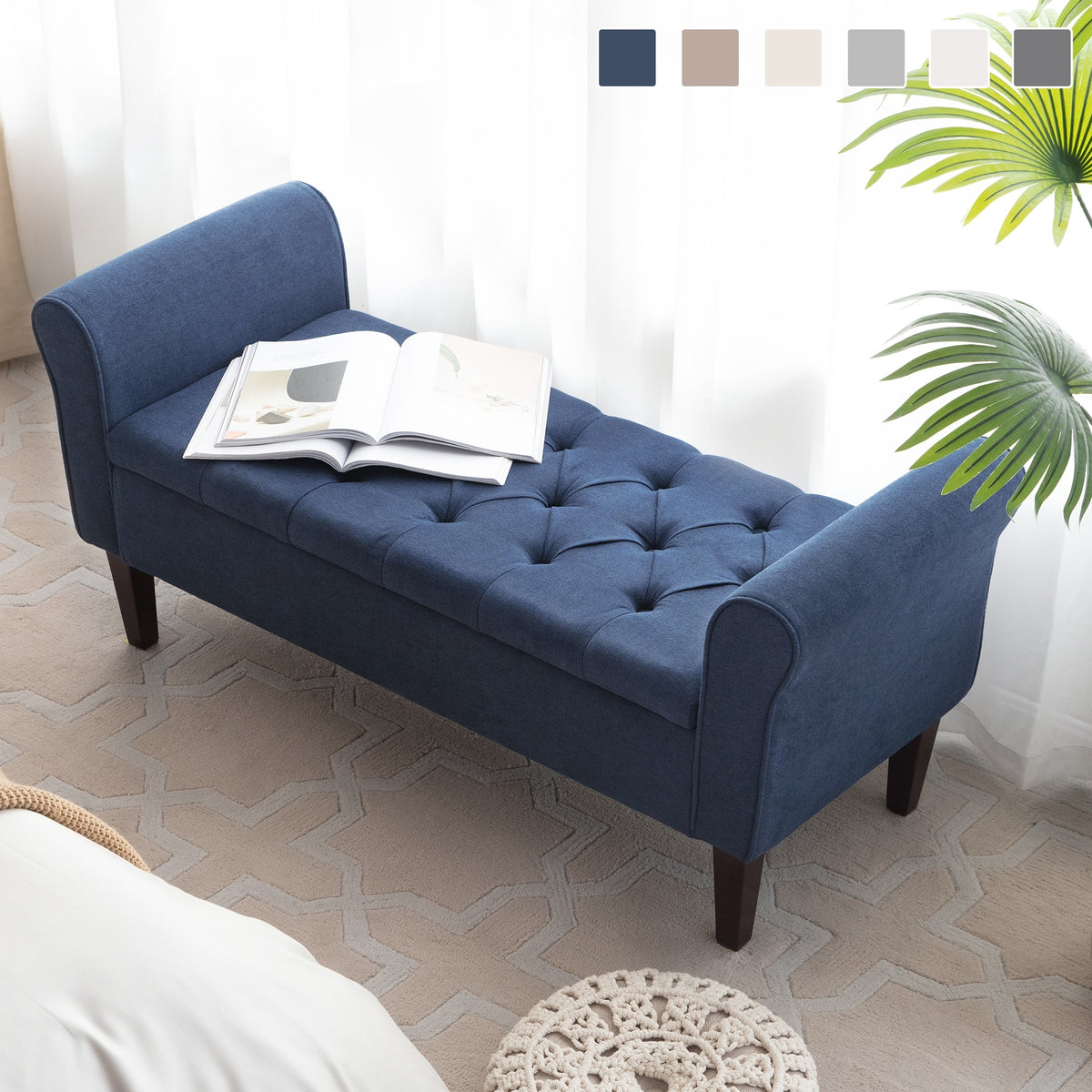 Arm Fabric Storage Ottoman Bench with Solid Wood Legs, 48"W x 18"D x 2