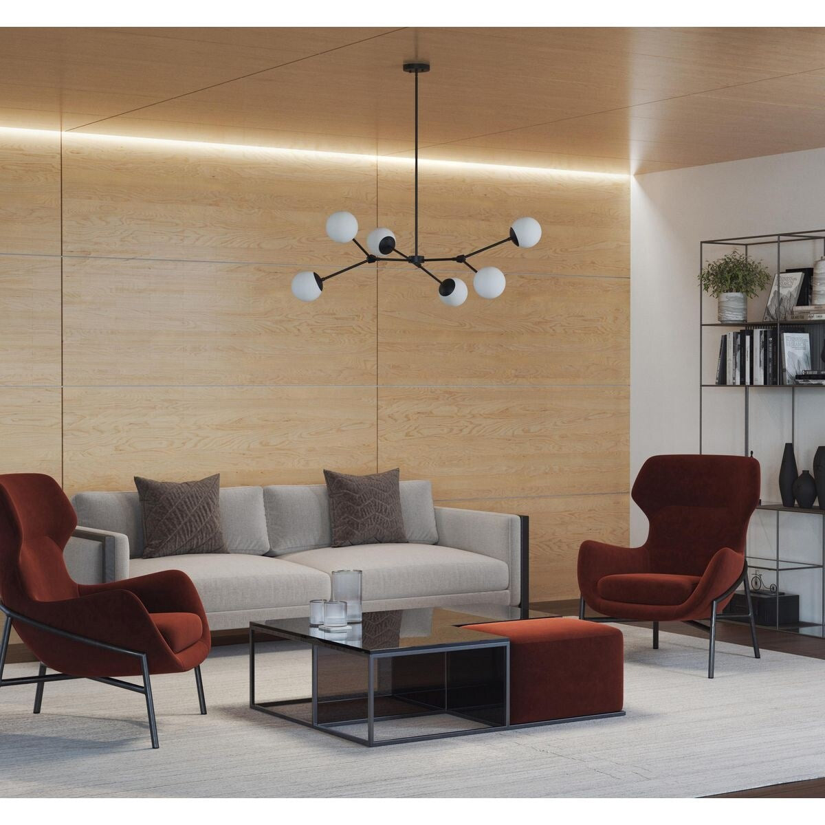 Haas Collection Six-Light Matte Black Mid-Century Modern Chandelier - 50 in x 50 in x 5.87 in