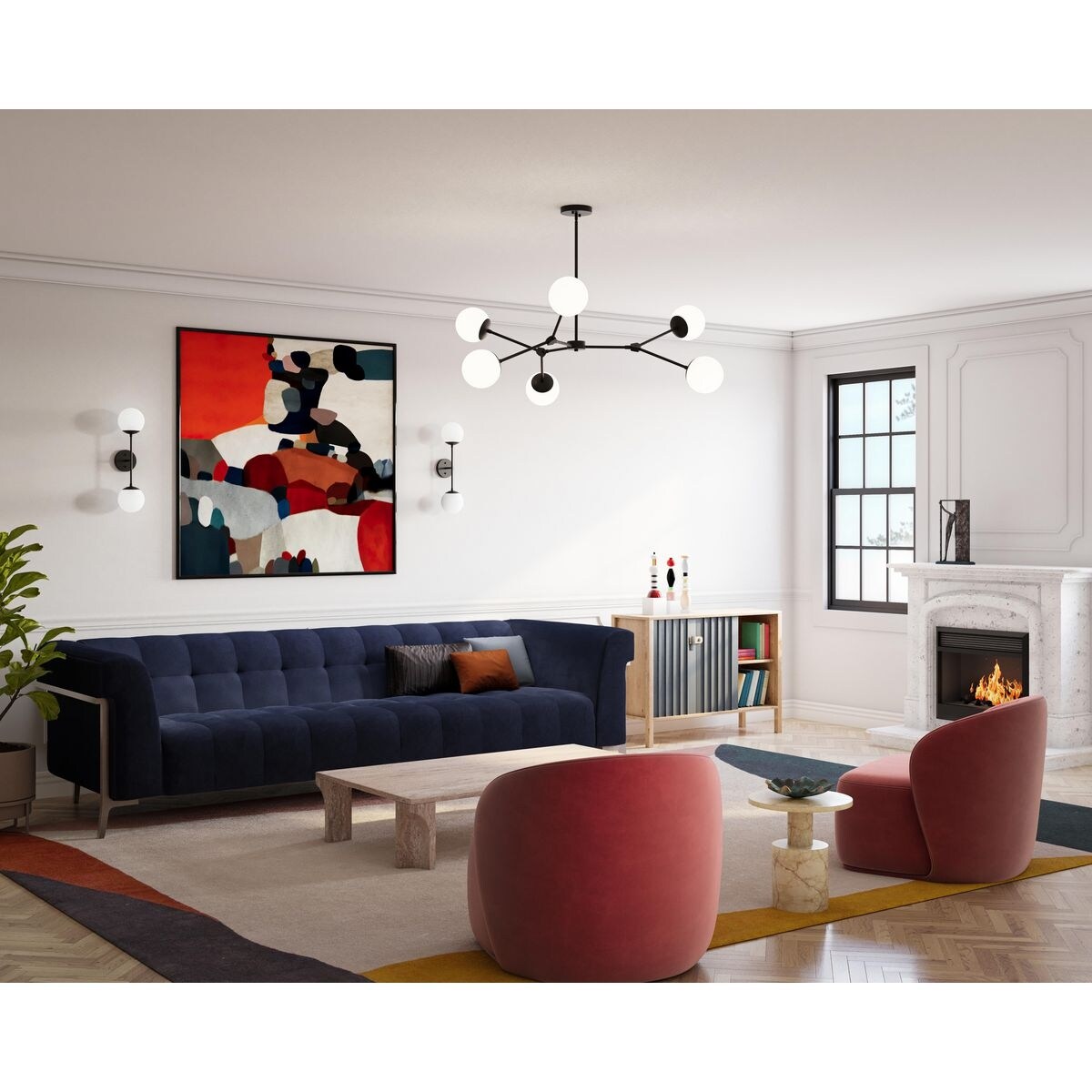 Haas Collection Six-Light Matte Black Mid-Century Modern Chandelier - 50 in x 50 in x 5.87 in