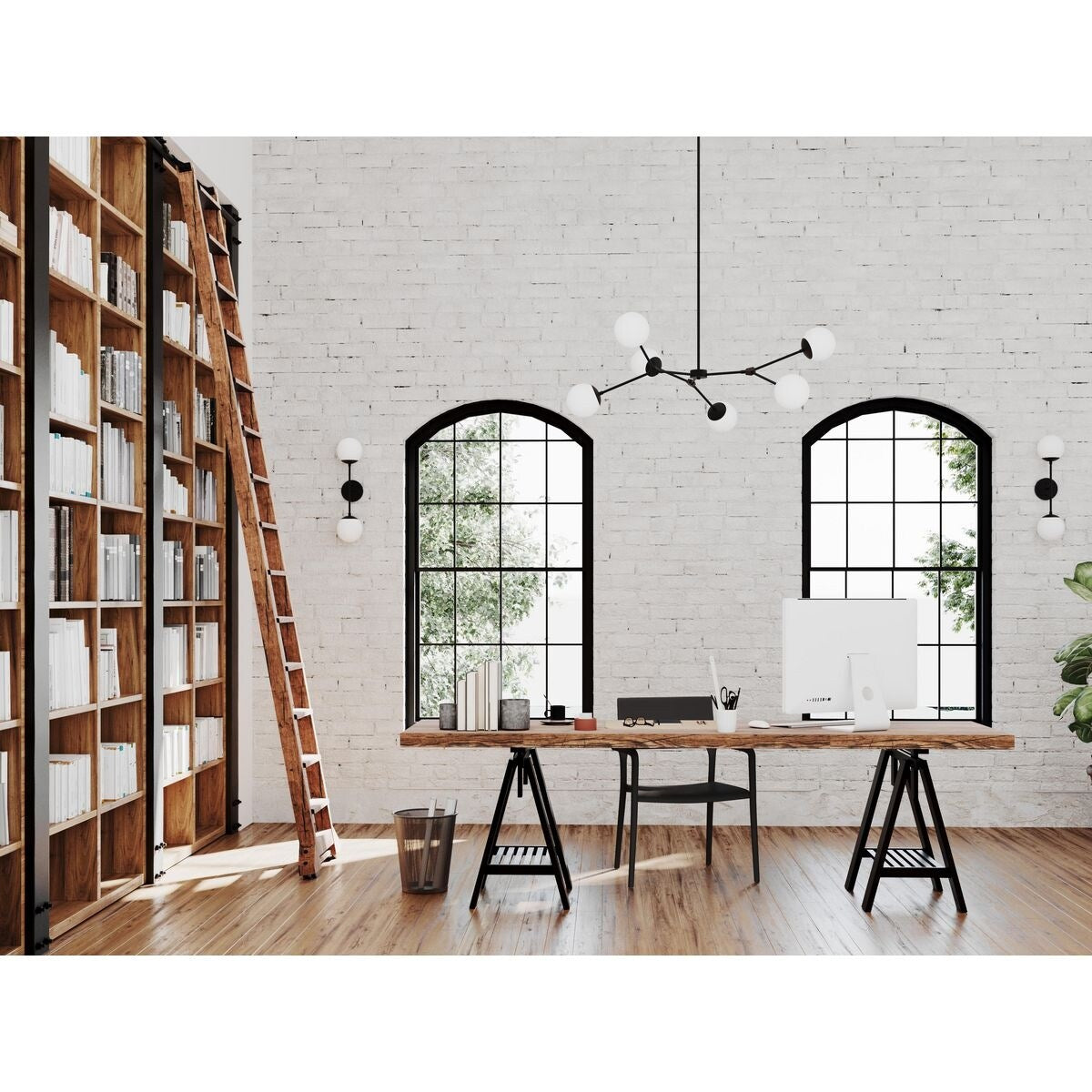 Haas Collection Six-Light Matte Black Mid-Century Modern Chandelier - 50 in x 50 in x 5.87 in
