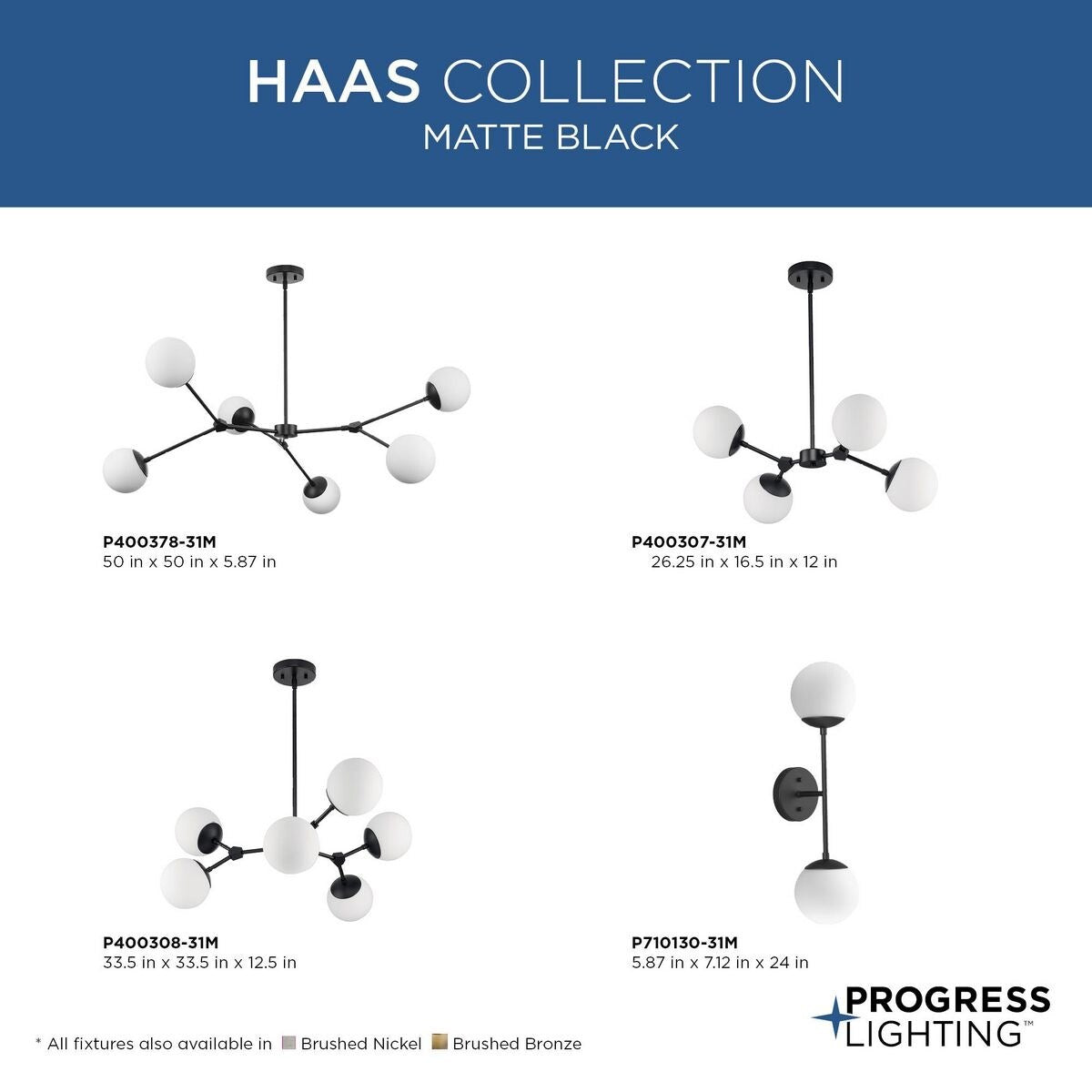 Haas Collection Six-Light Matte Black Mid-Century Modern Chandelier - 50 in x 50 in x 5.87 in