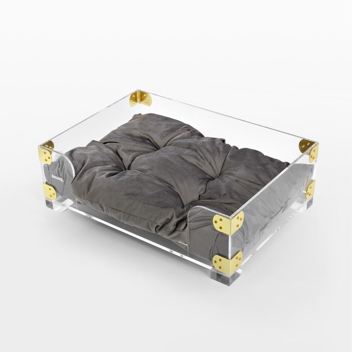 Haines 21.5" x 15.25" Small/Medium Modern Lucite Velvet Pet Bed with Washable Cushion, Dark Gray/Clear