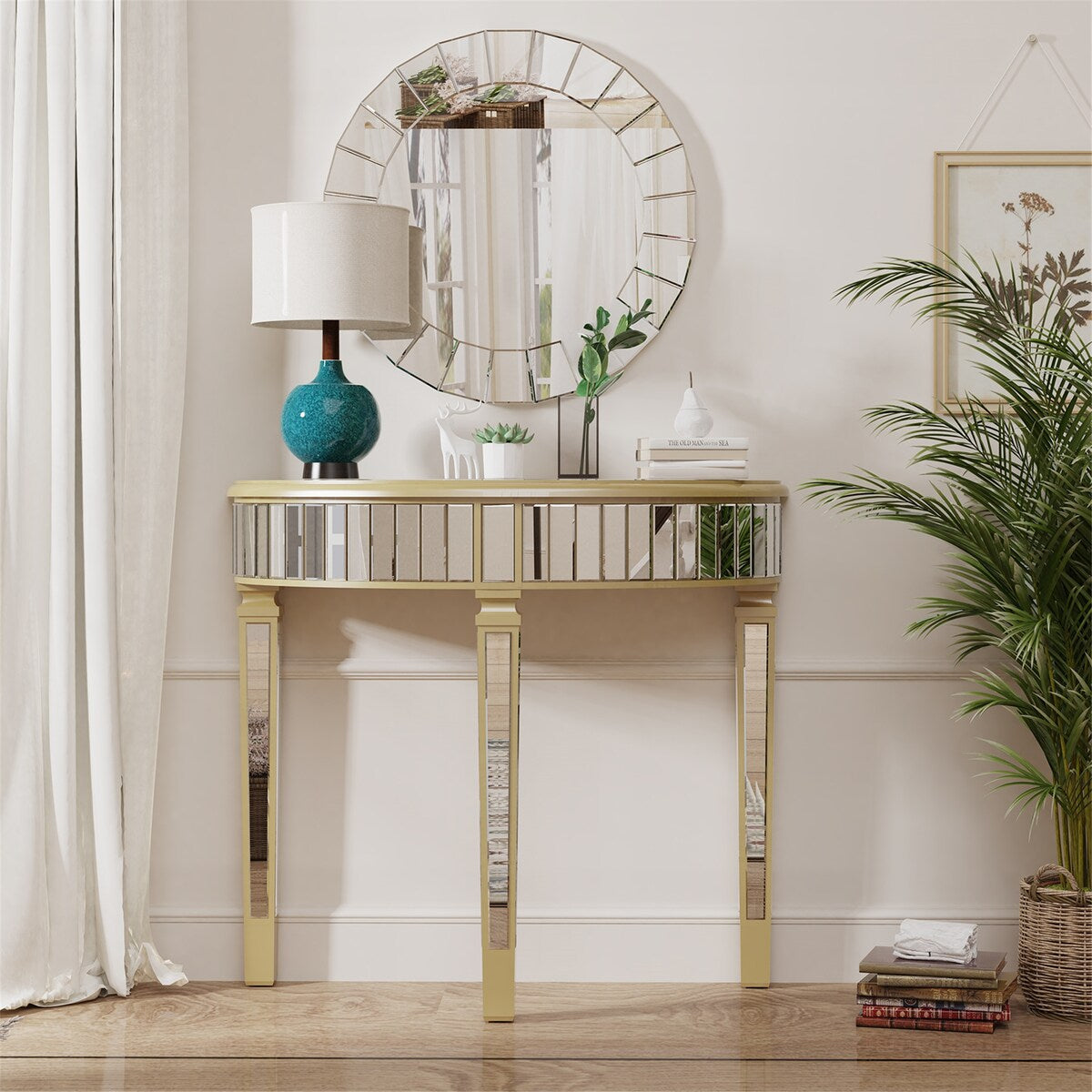 Half moon Silver Mirrored Console Accent Table Living Room Home Decor