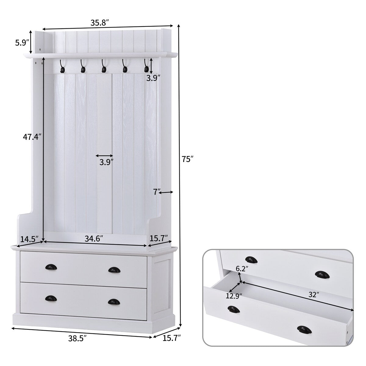 Hall Tree with 5 Metal Hooks and 2 Large Drawers