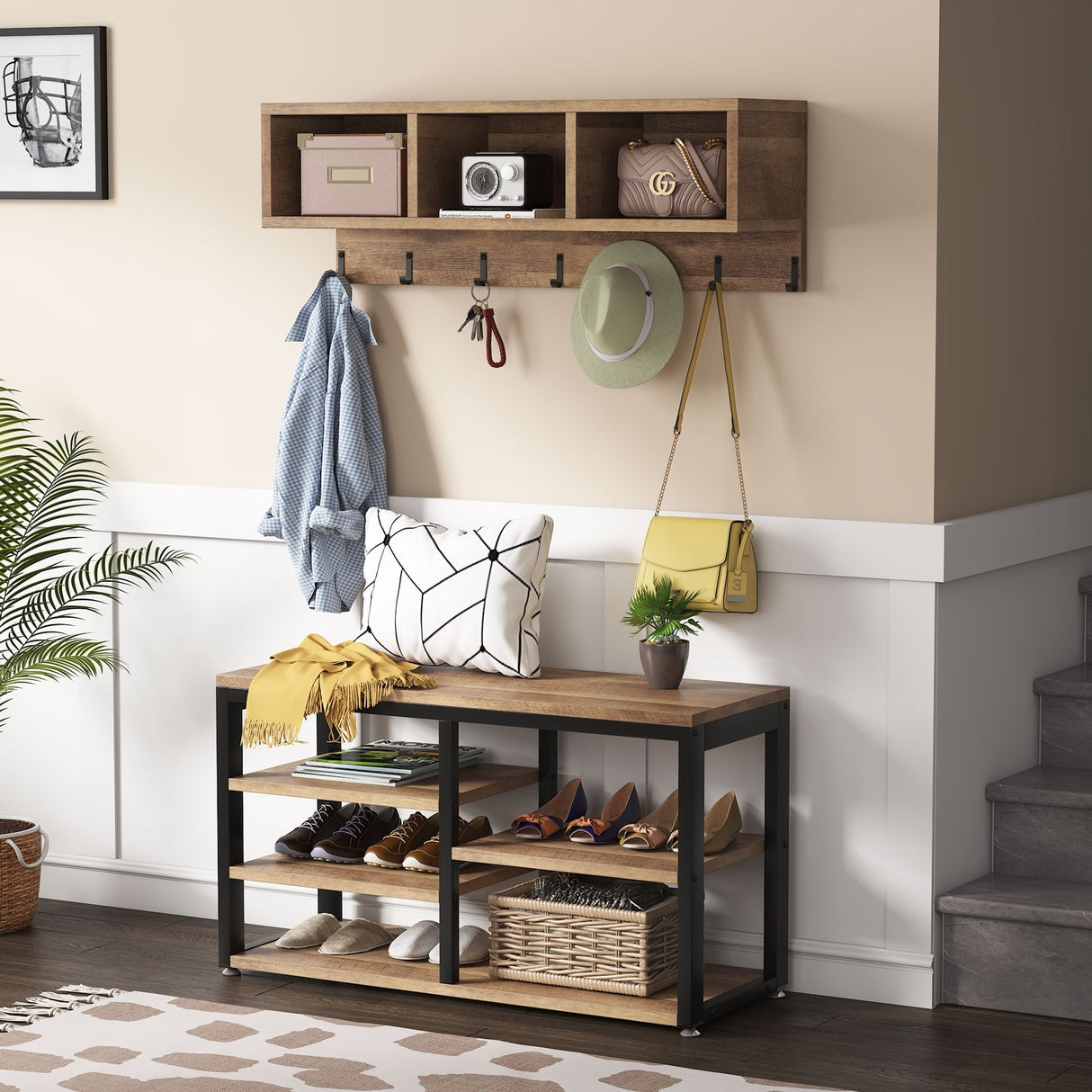 Hall Tree with 7 Hooks, Entryway bench with coat rack