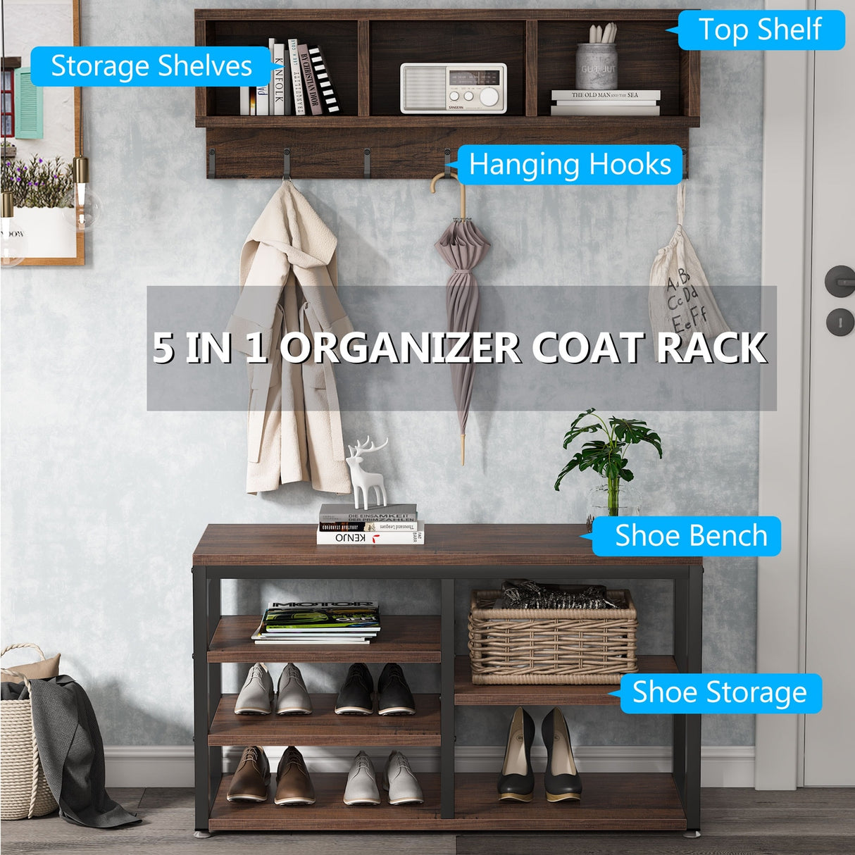 Hall Tree with 7 Hooks, Entryway bench with coat rack