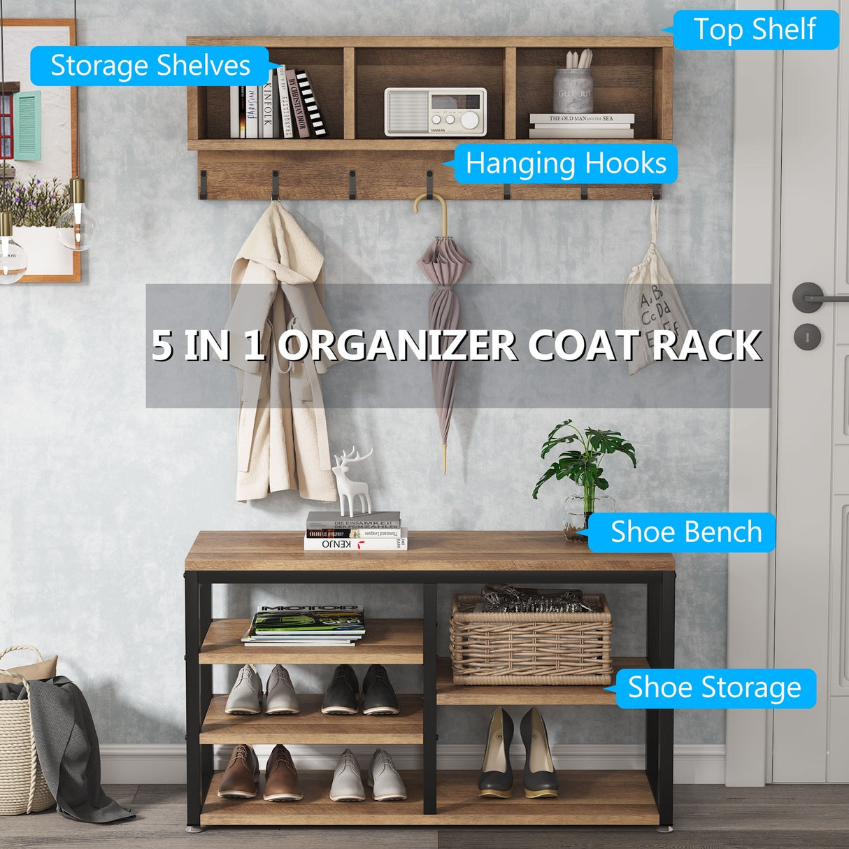Hall Tree with 7 Hooks, Entryway bench with coat rack