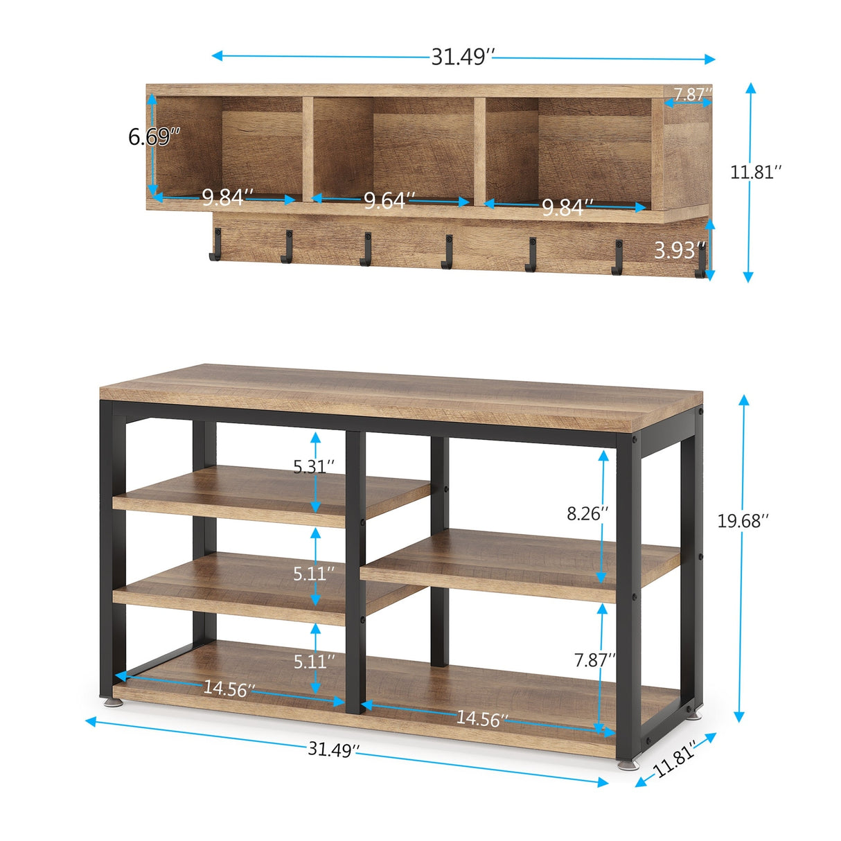 Hall Tree with 7 Hooks, Entryway bench with coat rack