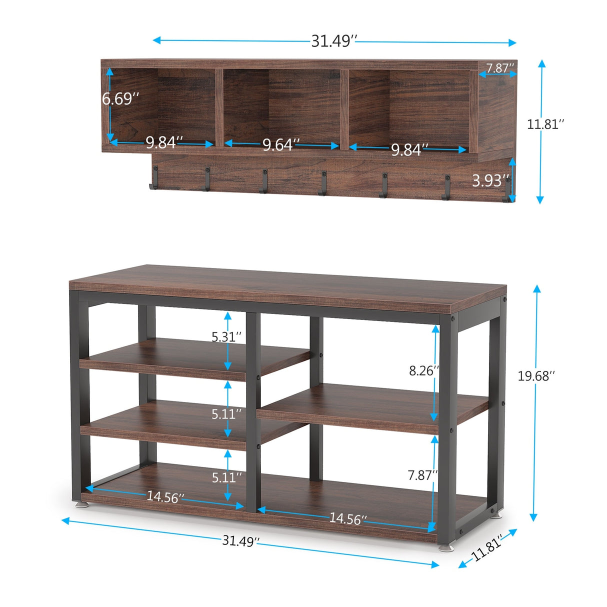 Hall Tree with 7 Hooks, Entryway bench with coat rack