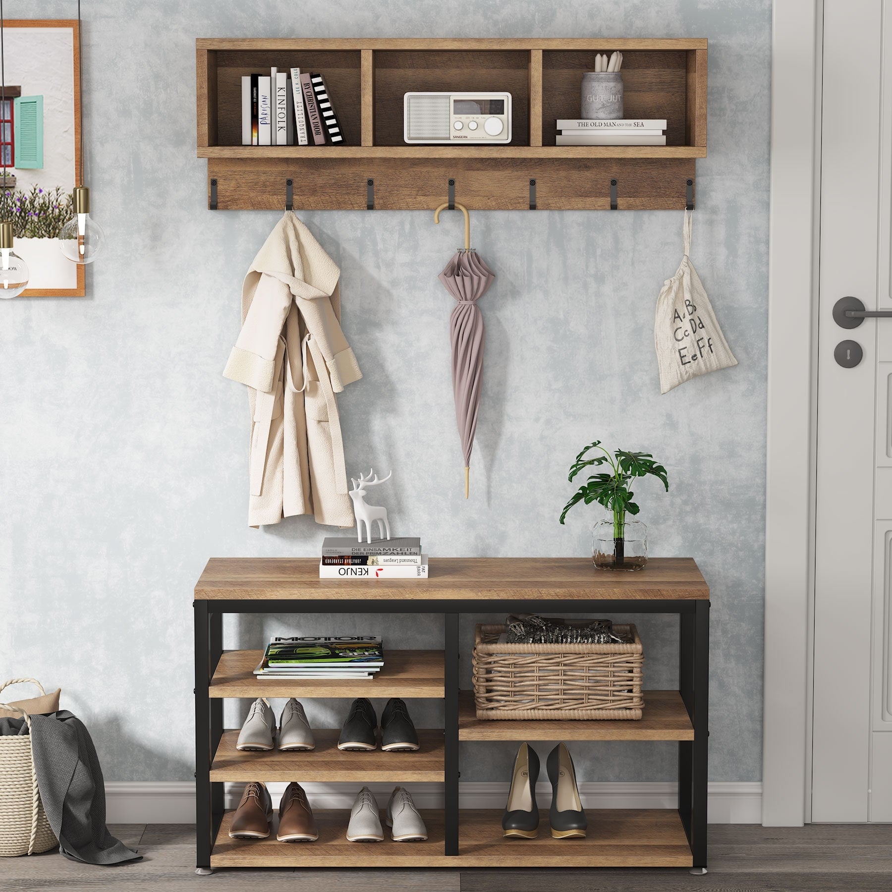 Hall Tree with 7 Hooks Entryway bench with coat rack