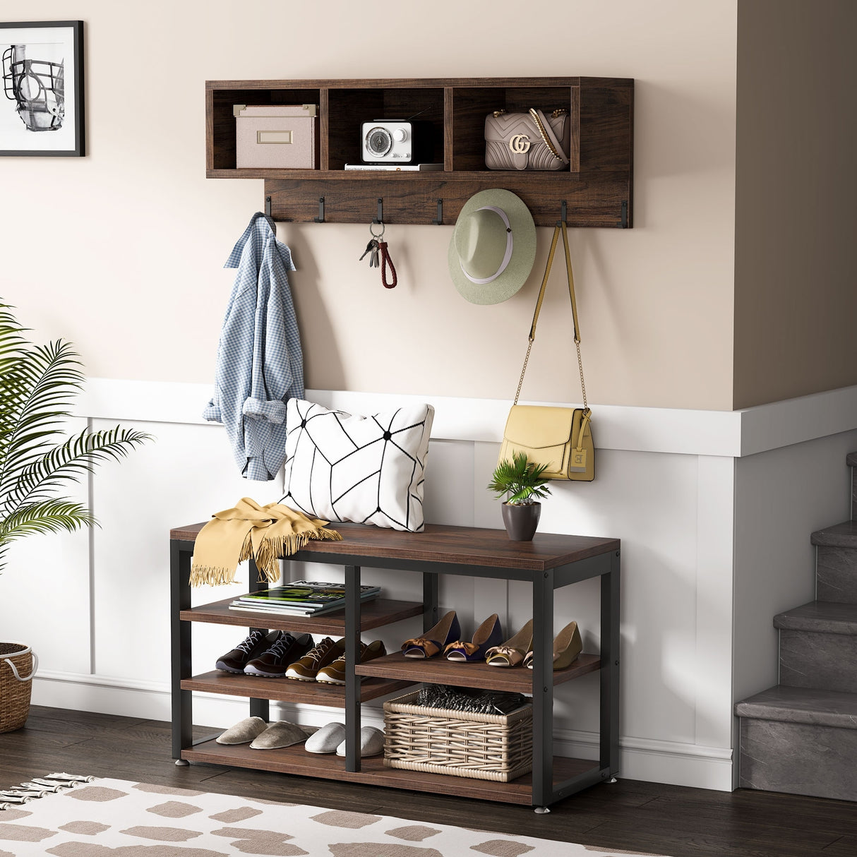 Hall Tree with 7 Hooks, Entryway bench with coat rack