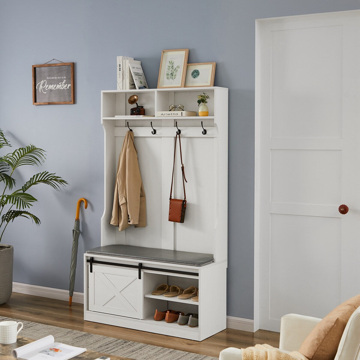 Hall Tree with Coat Rack, Bench, Drawers