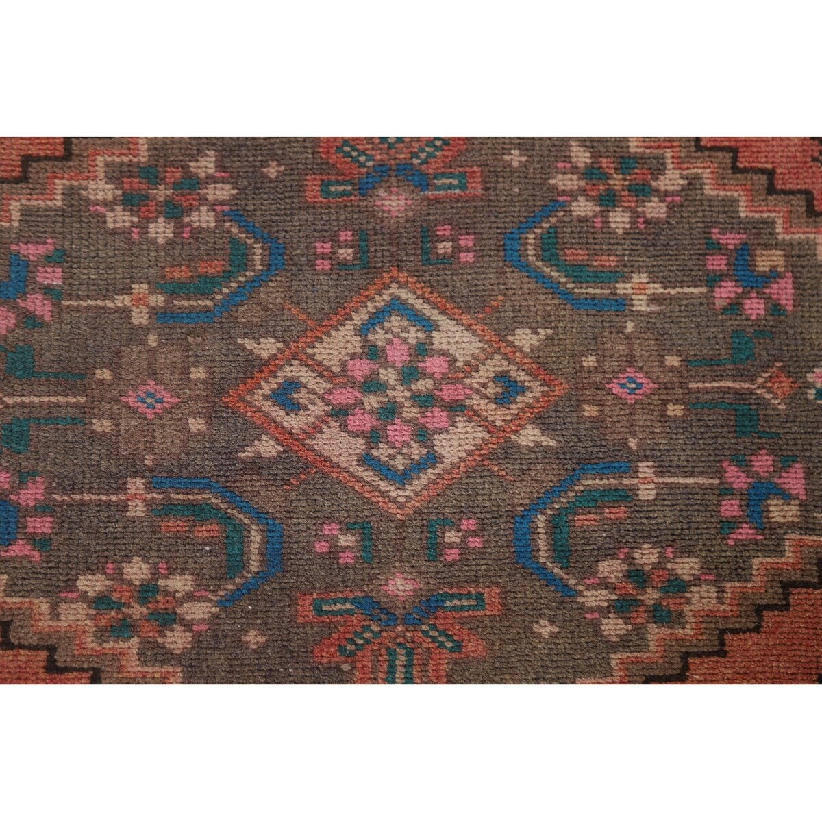 Hamedan Persian Vintage Runner Rug Handmade Geometric Wool Carpet - 3'3" x 9'9"