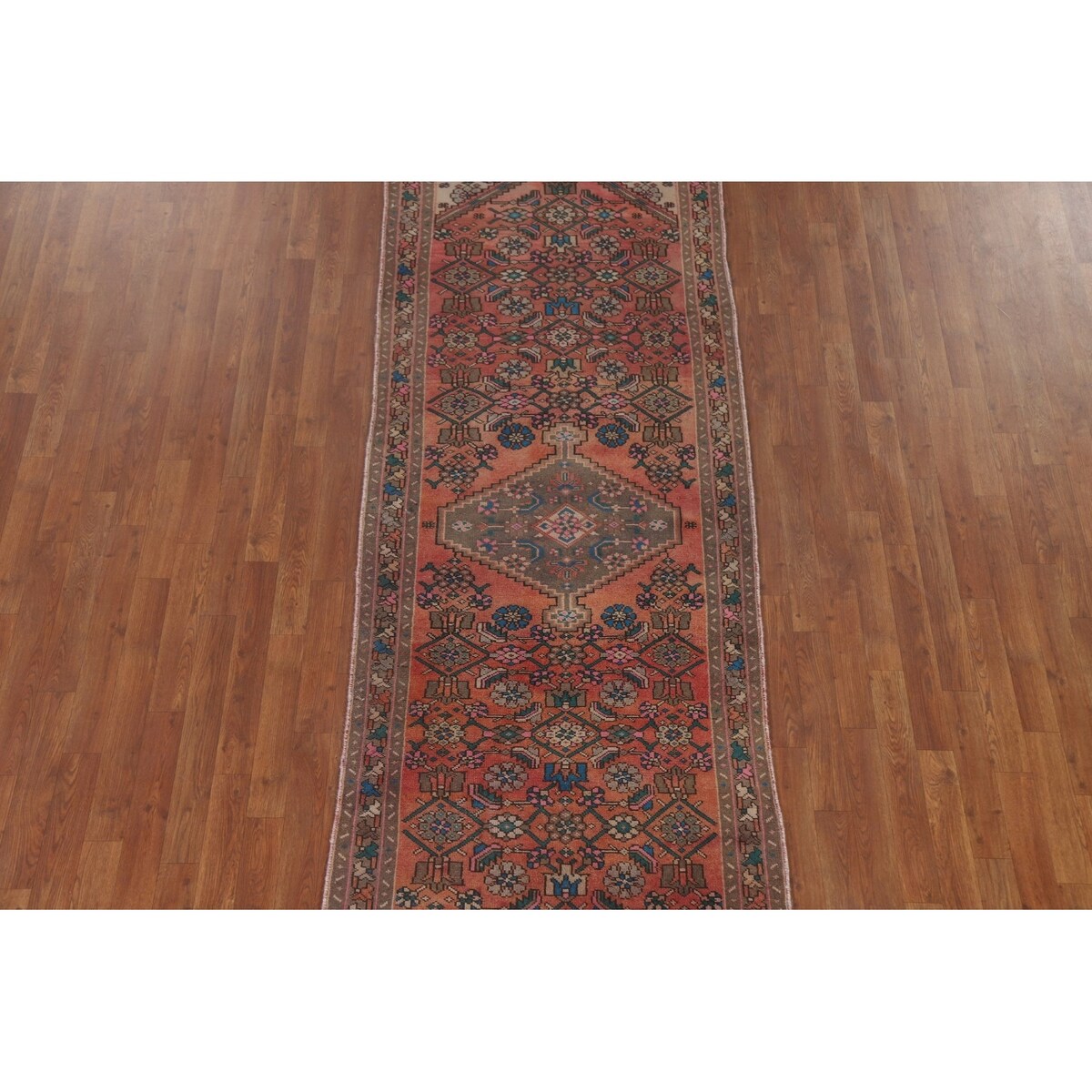 Hamedan Persian Vintage Runner Rug Handmade Geometric Wool Carpet - 3'3" x 9'9"