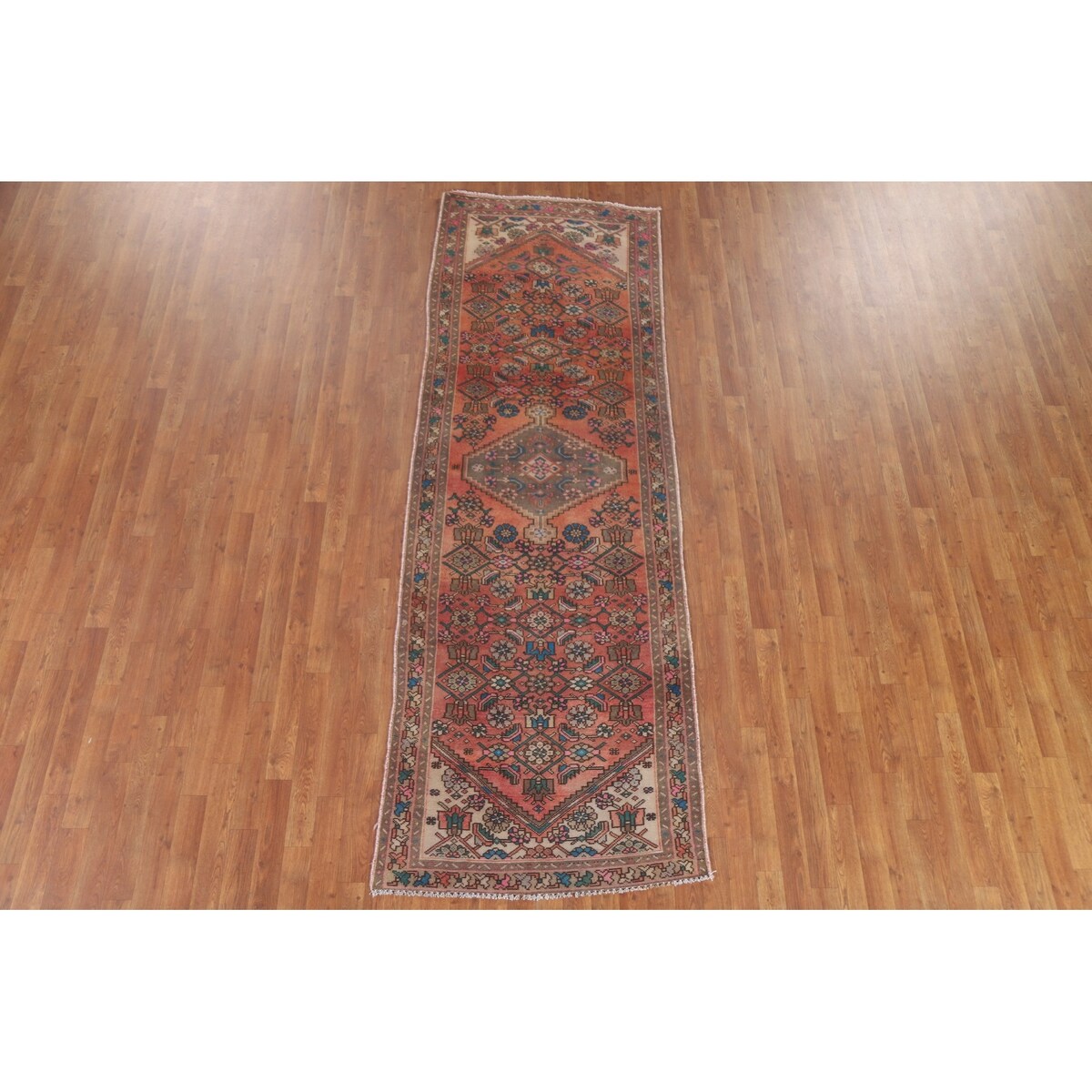 Hamedan Persian Vintage Runner Rug Handmade Geometric Wool Carpet - 3'3" x 9'9"