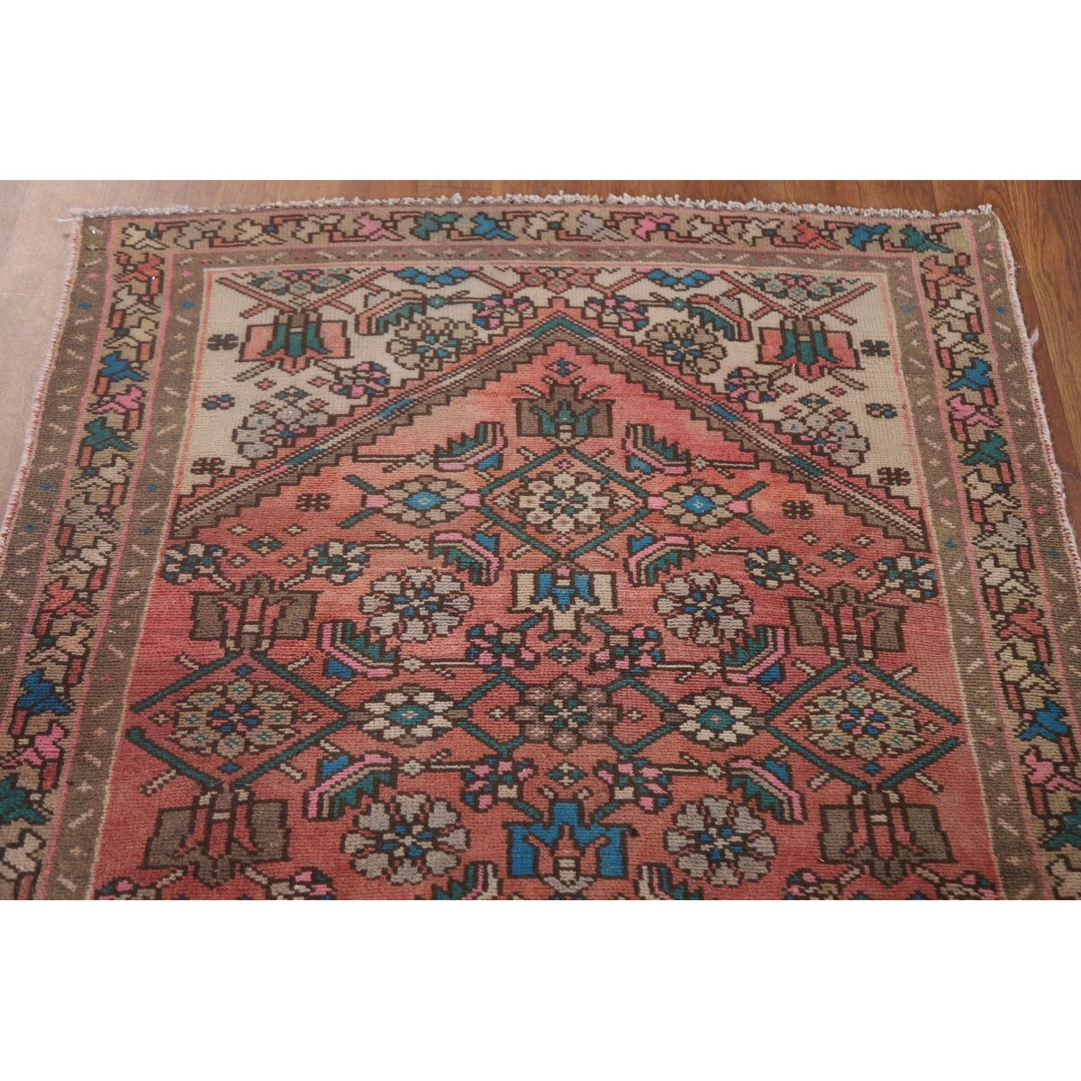 Hamedan Persian Vintage Runner Rug Handmade Geometric Wool Carpet - 3'3" x 9'9"